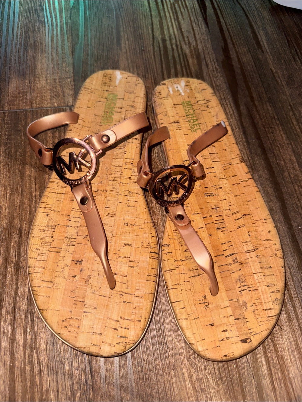 Michael Kors Rose Gold Metallic MK Logo Thong Sandals